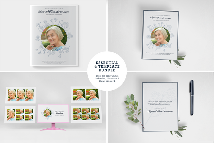 Floral Essential 4-Piece Funeral Template Bundle | Large 4-Page Program, Slideshow, Invitation, Thank You Card