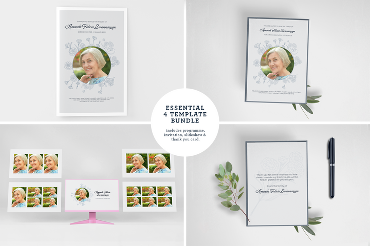Floral Essential 4-Piece Funeral Template Bundle | Small 8-Page Program, Slideshow, Death Announcement, Invitation, Bookmark Welcome Sign, Share-a-Memory Set, Thank You Card