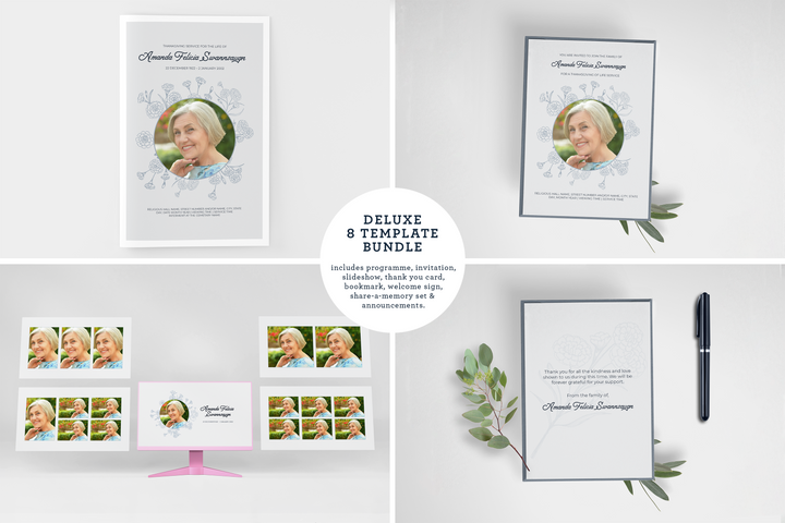 Crea un tributo funebre personalizzato con il nostro pacchetto di modelli digitali: piccolo programma di 8 pagine, presentazione, cartoline, annunci e set di ricordi 1001