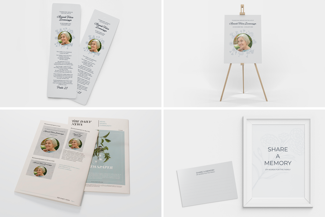 Cree un tributo funerario personalizado con nuestro paquete de plantillas digitales: programa pequeño de 4 páginas, presentación de diapositivas, tarjetas, anuncios y juego de recuerdos 1001