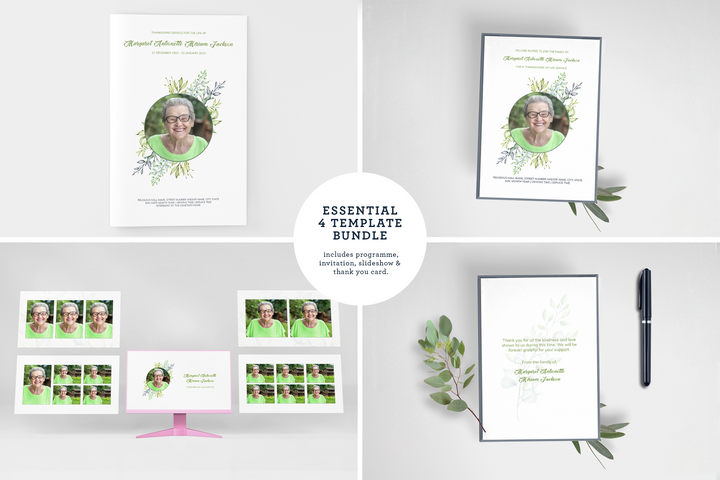 Anpassbares Vorlagenpaket für Beerdigungen und Gedenkfeiern: Kleines 8-seitiges Programm, Diashow, Einladungen und Dankeskarten – Erstellen Sie eine personalisierte Hommage, um das Leben und Vermächtnis Ihres geliebten Menschen zu ehren 1002