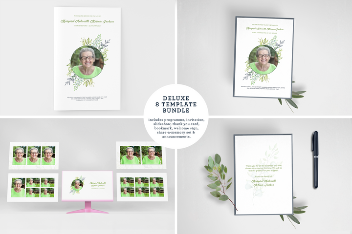 Crea un tributo funebre personalizzato con il nostro pacchetto di modelli digitali: piccolo programma di 4 pagine, presentazione, cartoline, annunci e set di ricordi 1002