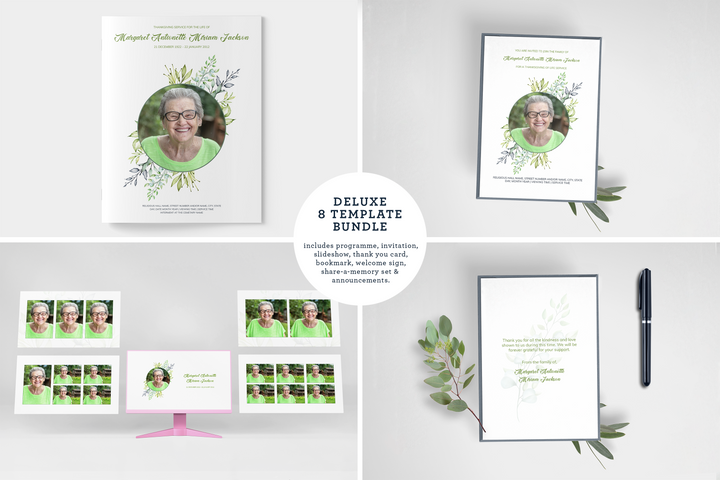 Greenery Deluxe 8-Piece Funeral Template Bundle | Large 4-Page Program, Slideshow, Death Announcement, Invitation, Bookmark Welcome Sign, Share-a-Memory Set, Thank You Card