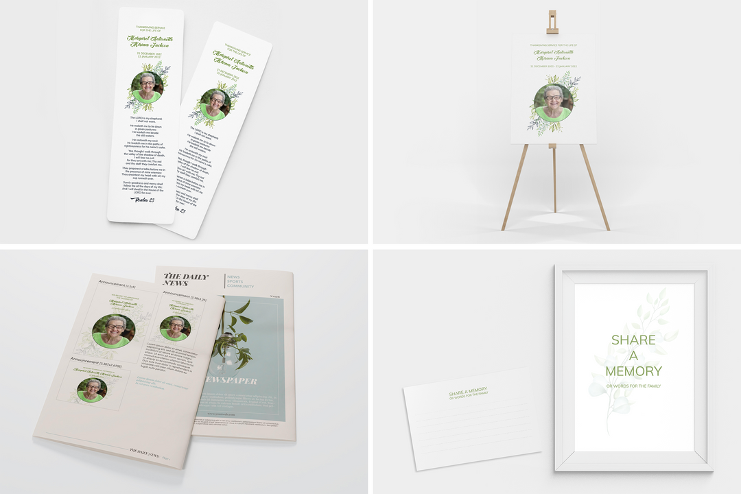 Crea un tributo funebre personalizzato con il nostro pacchetto di modelli digitali: piccolo programma di 4 pagine, presentazione, cartoline, annunci e set di ricordi 1002