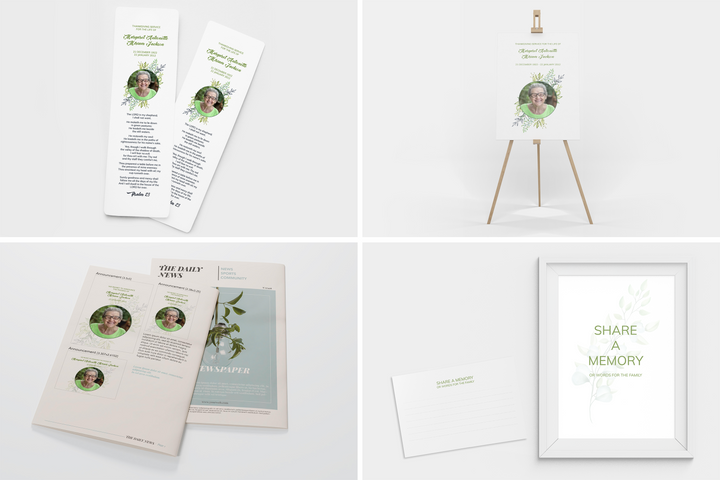 Greenery Deluxe 8-Piece Funeral Template Bundle | Large 4-Page Program, Slideshow, Death Announcement, Invitation, Bookmark Welcome Sign, Share-a-Memory Set, Thank You Card
