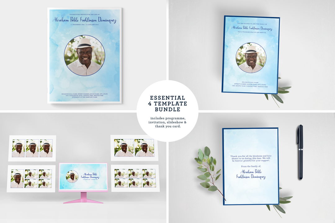 Essentials-Paket: Anpassbare Bestattungs- und Gedenkvorlagen: Großes 8-seitiges Programm, Diashow, Einladungen und Dankeskarten – Erstellen Sie eine personalisierte Hommage, um das Leben und Vermächtnis Ihres geliebten Menschen zu ehren 1003