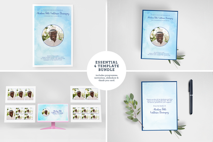 Anpassbares Vorlagenpaket für Beerdigungen und Gedenkfeiern: Kleines 4-seitiges Programm, Diashow, Einladungen und Dankeskarten – Erstellen Sie eine personalisierte Hommage, um das Leben und Vermächtnis Ihres geliebten Menschen zu ehren 1003