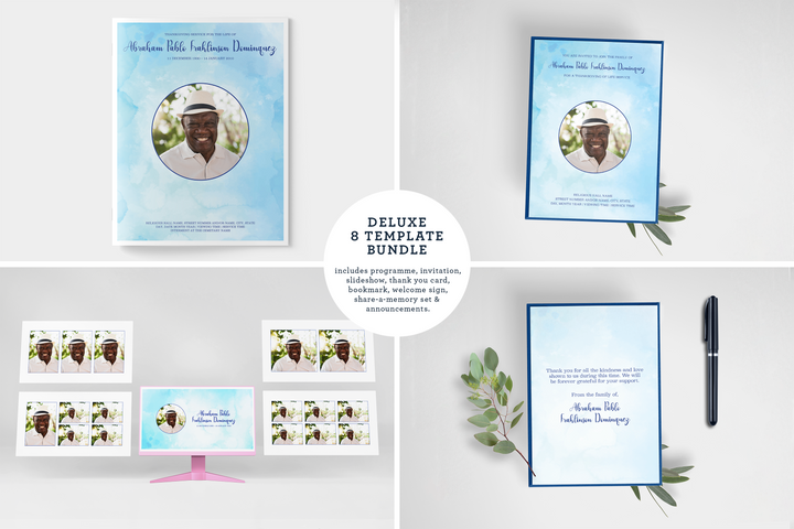Blue Watercolor Deluxe 8-Piece Funeral Template Bundle | Large 8-Page Program, Slideshow, Death Announcement, Invitation, Bookmark Welcome Sign, Share-a-Memory Set, Thank You Car