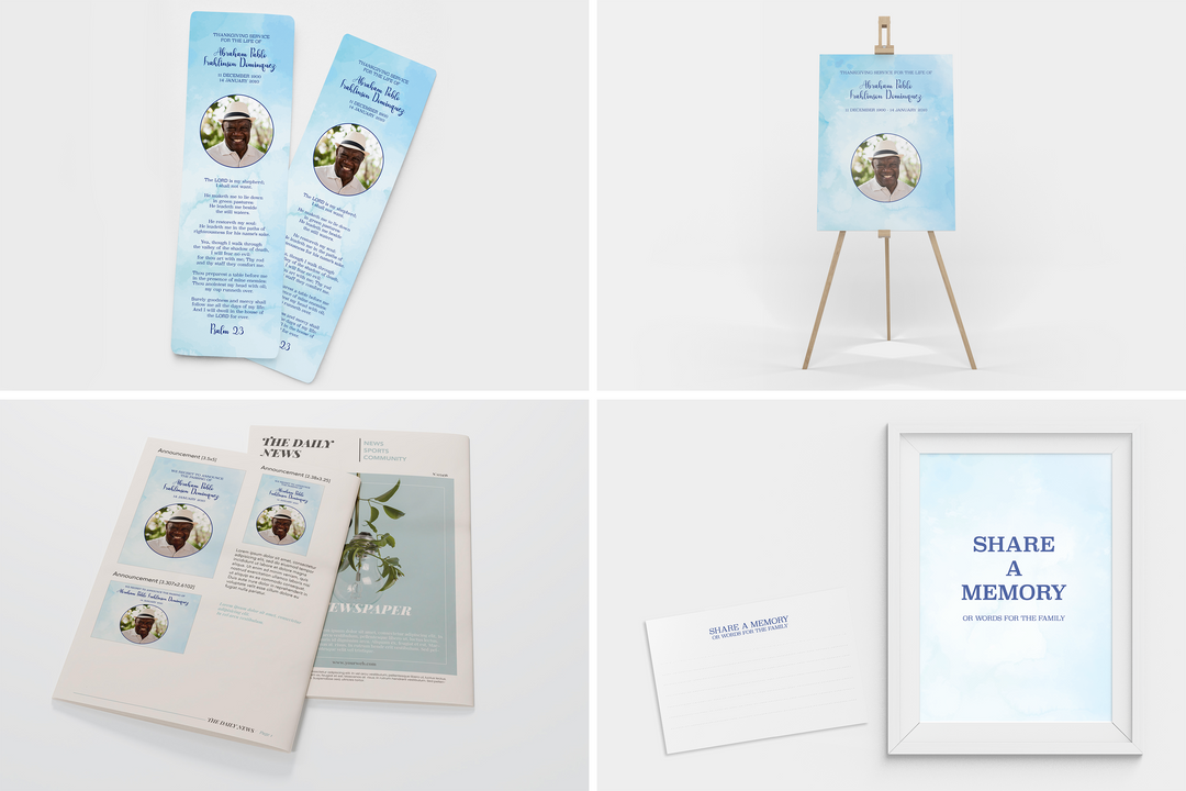 Blue Watercolor Deluxe 8-Piece Funeral Template Bundle | Large 8-Page Program, Slideshow, Death Announcement, Invitation, Bookmark Welcome Sign, Share-a-Memory Set, Thank You Car