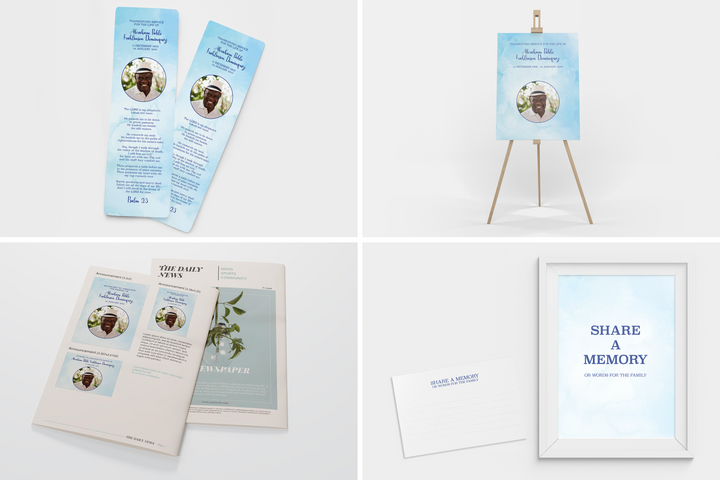 Blue Watercolor Deluxe 8-Piece Funeral Template Bundle | Large 4-Page Program, Slideshow, Death Announcement, Invitation, Bookmark Welcome Sign, Share-a-Memory Set, Thank You Card