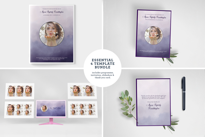 Essentials-Paket: Anpassbare Bestattungs- und Gedenkvorlagen: Großes 4-seitiges Programm, Diashow, Einladungen und Dankeskarten – Erstellen Sie eine herzliche Hommage, um das Leben und Vermächtnis Ihres geliebten Menschen zu feiern 1004
