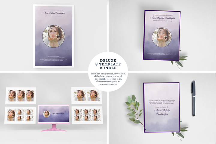 Purple Haze Deluxe 8-Piece Funeral Template Bundle | Small 4-Page Program, Slideshow, Death Announcement, Invitation, Bookmark Welcome Sign, Share-a-Memory Set, Thank You Card