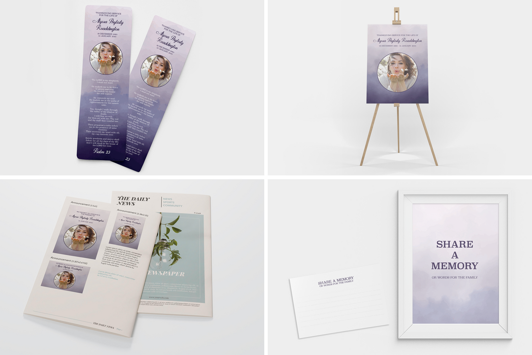 Purple Haze Deluxe 8-Piece Funeral Template Bundle | Large 8-Page Program, Slideshow, Death Announcement, Invitation, Bookmark Welcome Sign, Share-a-Memory Set, Thank You Card