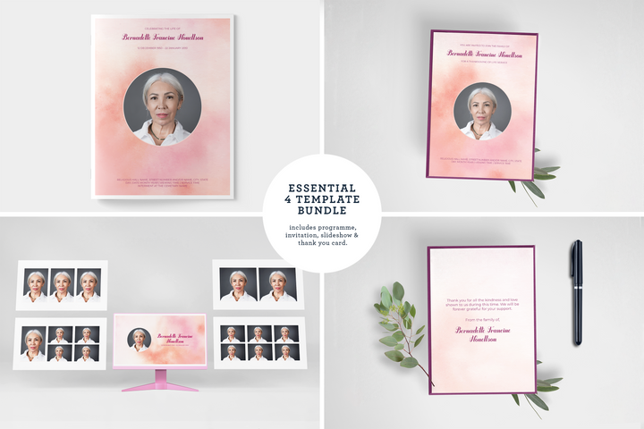 Pink Cloud Essential 4-Piece Funeral Template Bundle | Large 8-Page Program, Slideshow, Invitation, Thank You Card