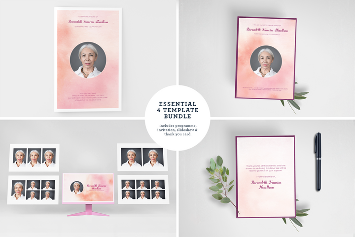 Anpassbares Vorlagenpaket für Beerdigungen und Gedenkfeiern: Kleines 8-seitiges Programm, Diashow, Einladungen und Dankeskarten – Erstellen Sie eine personalisierte Hommage, um das Leben und Vermächtnis Ihres geliebten Menschen zu ehren 1005