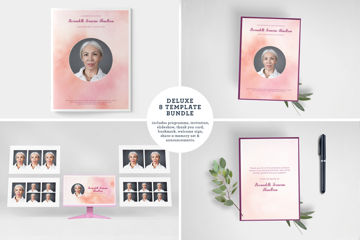 Pink Cloud Deluxe 8-Piece Funeral Template Bundle | Large 8-Page Program, Slideshow, Death Announcement, Invitation, Bookmark Welcome Sign, Share-a-Memory Set, Thank You Card