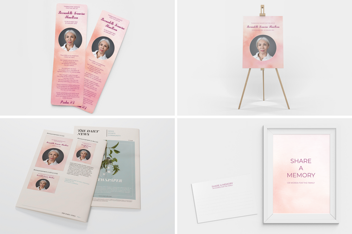 Pink Cloud Deluxe 8-Piece Funeral Template Bundle | Large 4-Page Program, Slideshow, Death Announcement, Invitation, Bookmark Welcome Sign, Share-a-Memory Set, Thank You Card