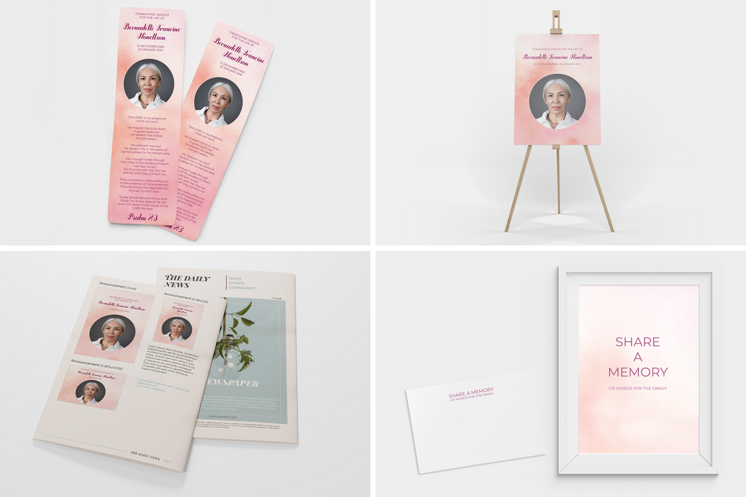 Pink Cloud Deluxe 8-Piece Funeral Template Bundle | Small 4-Page Program, Slideshow, Death Announcement, Invitation, Bookmark Welcome Sign, Share-a-Memory Set, Thank You Card