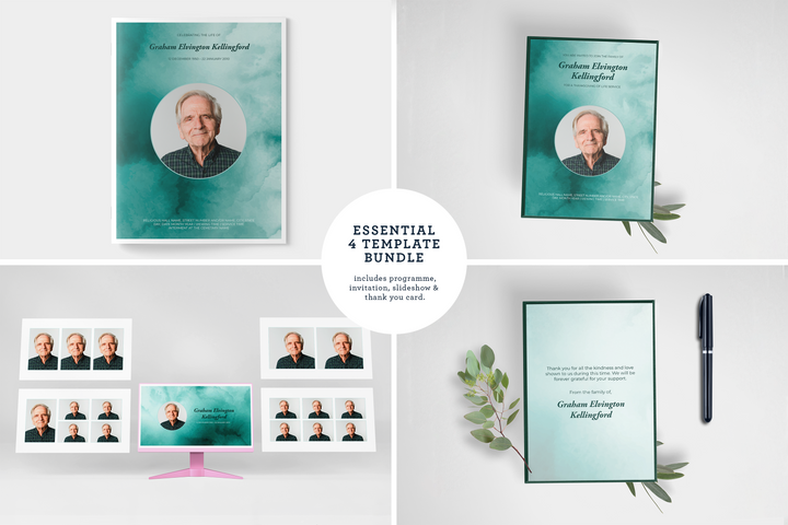 Essentials-Paket: Anpassbare Bestattungs- und Gedenkvorlagen: Großes 4-seitiges Programm, Diashow, Einladungen und Dankeskarten – Erstellen Sie eine herzliche Hommage, um das Leben und Vermächtnis Ihres geliebten Menschen zu feiern 1006