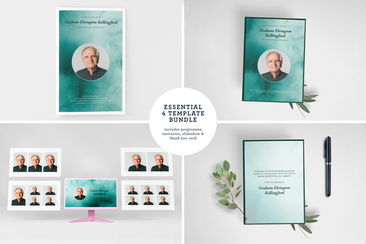 Anpassbares Vorlagenpaket für Beerdigungen und Gedenkfeiern: Kleines 4-seitiges Programm, Diashow, Einladungen und Dankeskarten – Erstellen Sie eine personalisierte Hommage, um das Leben und Vermächtnis Ihres geliebten Menschen zu ehren 1006