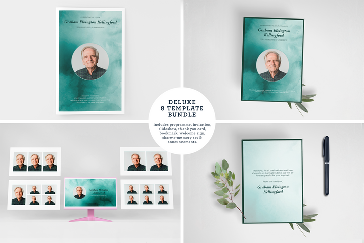 Green Watercolor Deluxe 8-Piece Funeral Template Bundle | Small 4-Page Program, Slideshow, Death Announcement, Invitation, Bookmark Welcome Sign, Share-a-Memory Set, Thank You Card