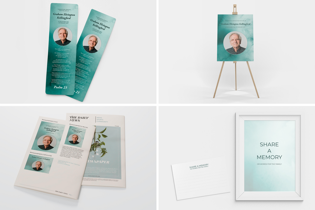 Green Watercolor Marble Deluxe 8-Piece Funeral Template Bundle | Large 8-Page Program, Slideshow, Death Announcement, Invitation, Bookmark Welcome Sign, Share-a-Memory Set, Thank You Card