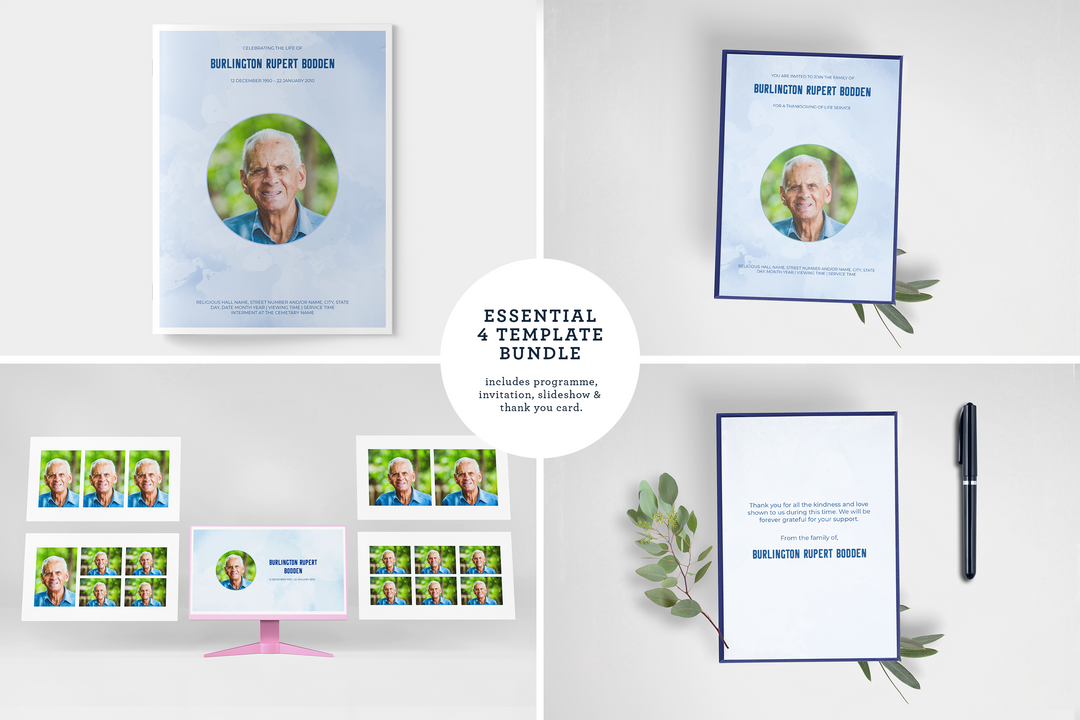 Blue Sky Essential 4-Piece Funeral Template Bundle | Large 8-Page Program, Slideshow, Invitation, Thank You Card