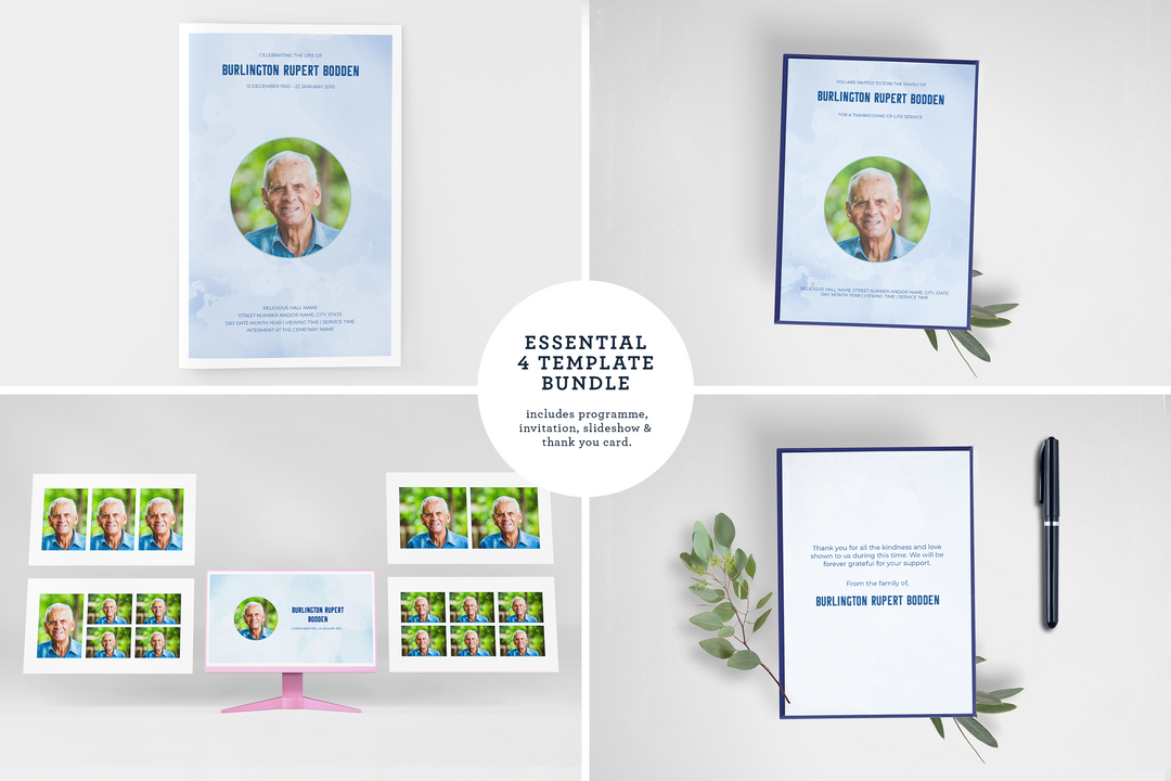 Pacchetto di modelli personalizzabili per funerali e commemorazioni: piccolo programma di 8 pagine, presentazione, inviti e biglietti di ringraziamento - Crea un tributo personalizzato per onorare la vita e l&