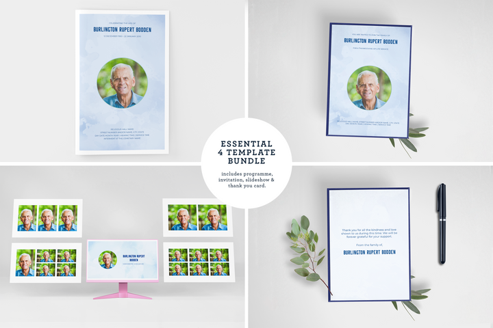 Pacchetto di modelli personalizzabili per funerali e commemorazioni: piccolo programma di 4 pagine, presentazione, inviti e biglietti di ringraziamento - Crea un tributo personalizzato per onorare la vita e l&