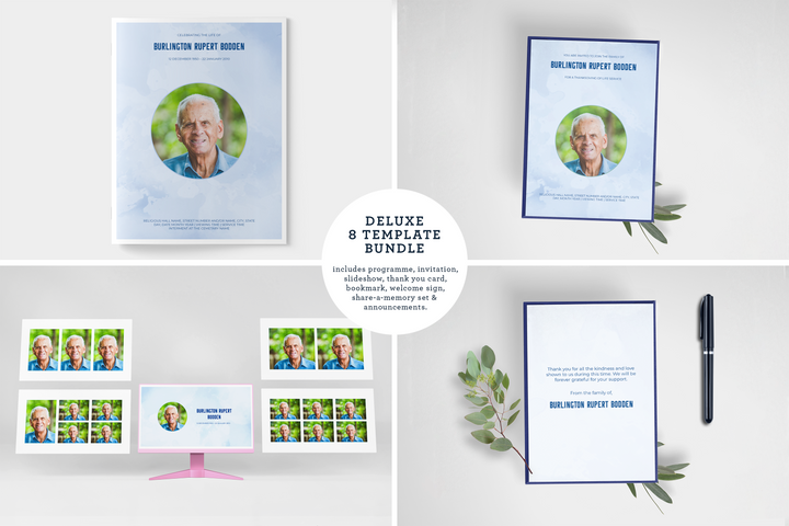 Blue Sky Deluxe 8-Piece Funeral Template Bundle | Large 8-Page Program, Slideshow, Death Announcement, Invitation, Bookmark Welcome Sign, Share-a-Memory Set, Thank You Card