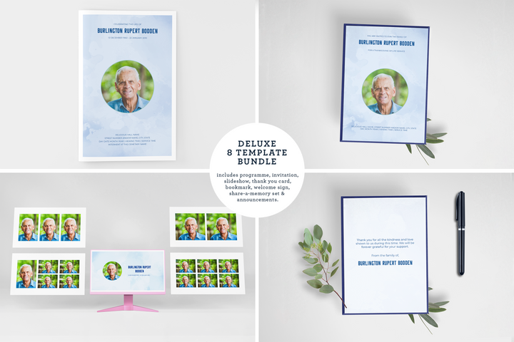 Cree un tributo funerario personalizado con nuestro paquete de plantillas digitales: programa pequeño de 8 páginas, presentación de diapositivas, tarjetas, anuncios y juego de recuerdos 1007