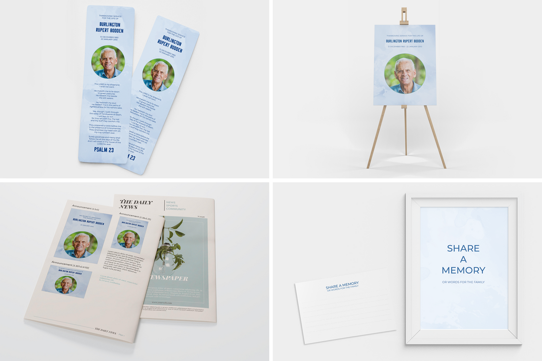 Blue Sky Deluxe 8-Piece Funeral Template Bundle | Large 8-Page Program, Slideshow, Death Announcement, Invitation, Bookmark Welcome Sign, Share-a-Memory Set, Thank You Card