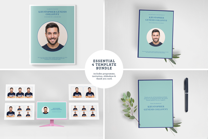 Essentials-Paket: Anpassbare Bestattungs- und Gedenkvorlagen: Großes 4-seitiges Programm, Diashow, Einladungen und Dankeskarten – Erstellen Sie eine herzliche Hommage, um das Leben und Vermächtnis Ihres geliebten Menschen zu feiern 1008