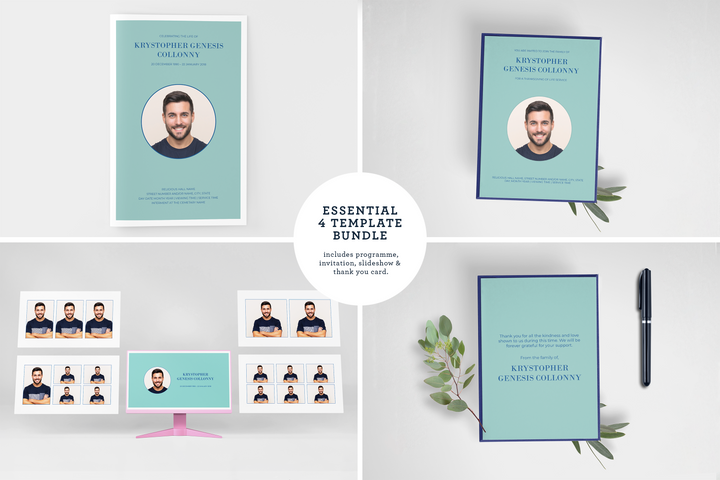 Anpassbares Vorlagenpaket für Beerdigungen und Gedenkfeiern: Kleines 4-seitiges Programm, Diashow, Einladungen und Dankeskarten – Erstellen Sie eine personalisierte Hommage, um das Leben und Vermächtnis Ihres geliebten Menschen zu ehren 1008