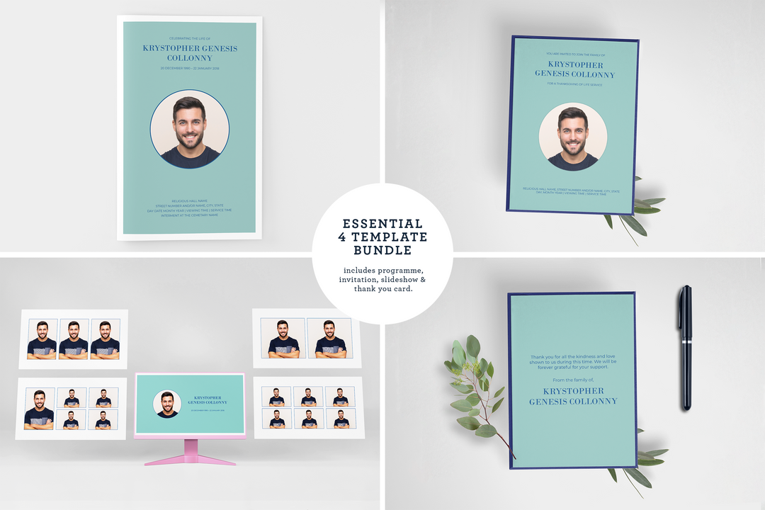 Anpassbares Vorlagenpaket für Beerdigungen und Gedenkfeiern: Kleines 8-seitiges Programm, Diashow, Einladungen und Dankeskarten – Erstellen Sie eine personalisierte Hommage, um das Leben und Vermächtnis Ihrer Liebsten zu ehren 1008