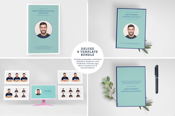 Minimalist Deluxe 8-Piece Funeral Template Bundle | Small 8-Page Program, Slideshow, Death Announcement, Invitation, Bookmark Welcome Sign, Share-a-Memory Set, Thank You Card