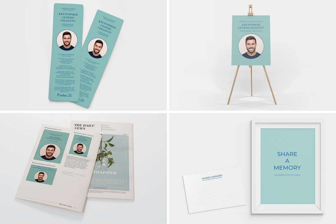Minimal Deluxe 8-Piece Funeral Template Bundle | Large 4-Page Program, Slideshow, Death Announcement, Invitation, Bookmark Welcome Sign, Share-a-Memory Set, Thank You Card