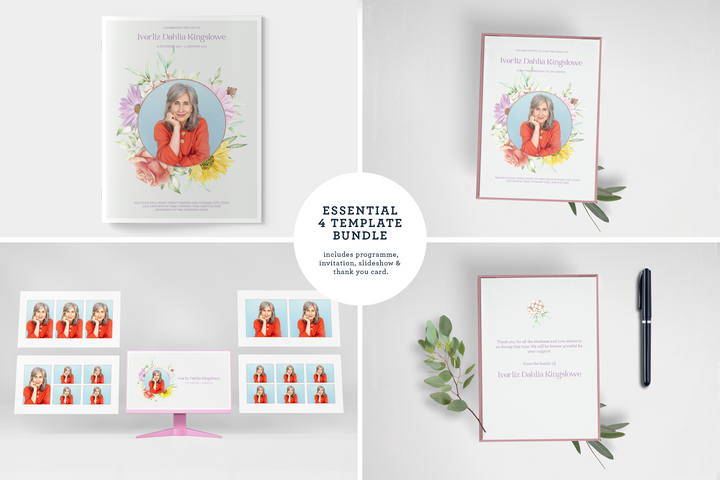 Wildflower Wreath Essential 4-Piece Funeral Template Bundle | Large 4-Page Program, Slideshow, Invitation, Thank You Card