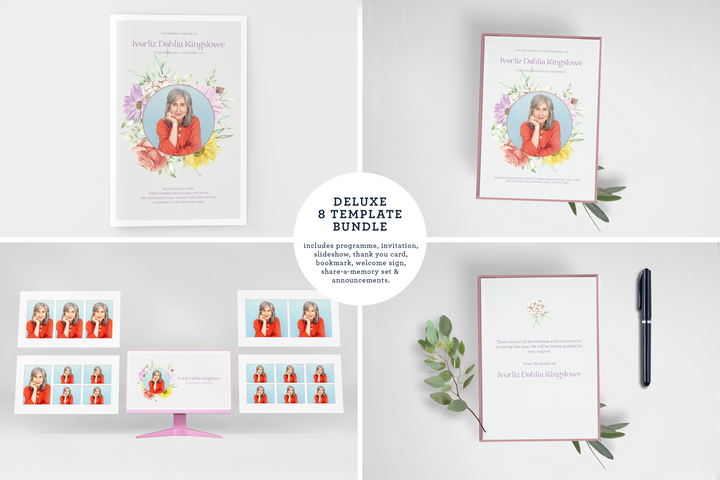 Cree un tributo funerario personalizado con nuestro paquete de plantillas digitales: programa pequeño de 8 páginas, presentación de diapositivas, tarjetas, anuncios y juego de recuerdos 1009