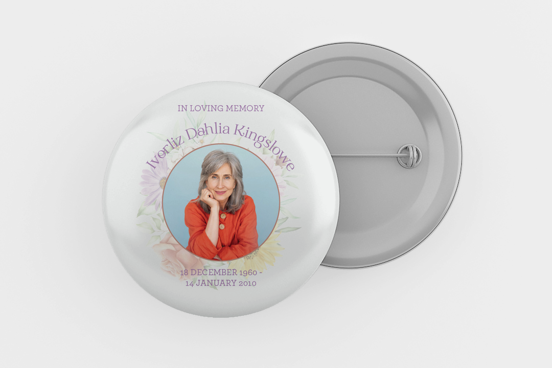 Modello digitale personalizzabile per spilla commemorativa o funebre per onorare l&