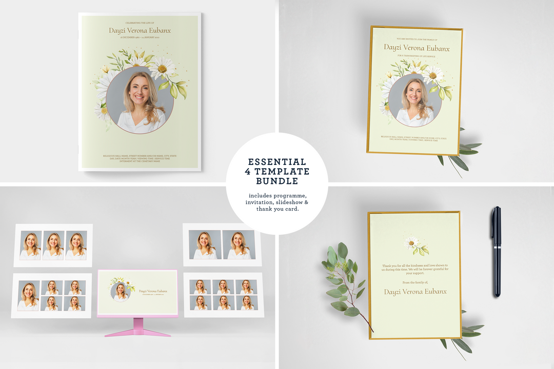 Essentials-Paket: Anpassbare Bestattungs- und Gedenkvorlagen: Großes 8-seitiges Programm, Diashow, Einladungen und Dankeskarten – Erstellen Sie eine personalisierte Hommage, um das Leben und Vermächtnis Ihres geliebten Menschen zu ehren 1010