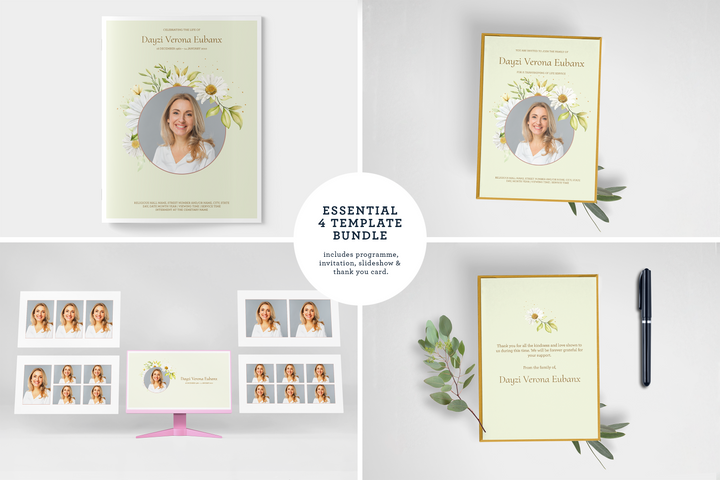 Essentials-Paket: Anpassbare Bestattungs- und Gedenkvorlagen: Großes 8-seitiges Programm, Diashow, Einladungen und Dankeskarten – Erstellen Sie eine personalisierte Hommage, um das Leben und Vermächtnis Ihres geliebten Menschen zu ehren 1010