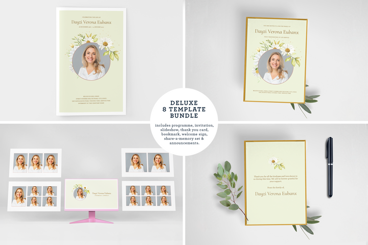 Crea un tributo funebre personalizzato con il nostro pacchetto di modelli digitali: piccolo programma di 4 pagine, presentazione, cartoline, annunci e set di ricordi 1010