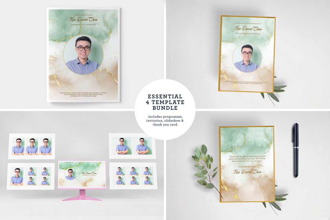Essentials-Paket: Anpassbare Bestattungs- und Gedenkvorlagen: Großes 8-seitiges Programm, Diashow, Einladungen und Dankeskarten – Erstellen Sie eine personalisierte Hommage, um das Leben und Vermächtnis Ihres geliebten Menschen zu ehren 1011