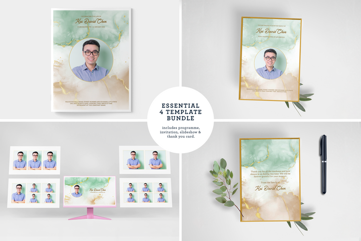 Essentials-Paket: Anpassbare Bestattungs- und Gedenkvorlagen: Großes 8-seitiges Programm, Diashow, Einladungen und Dankeskarten – Erstellen Sie eine personalisierte Hommage, um das Leben und Vermächtnis Ihres geliebten Menschen zu ehren 1011