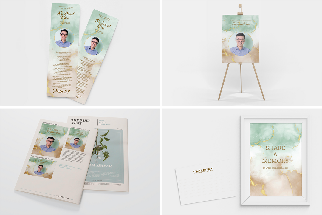 Crea un tributo funebre personalizzato con il nostro pacchetto di modelli digitali: piccolo programma di 8 pagine, presentazione, cartoline, annunci e set di ricordi 1011