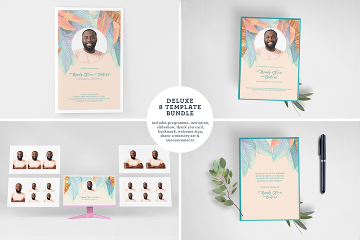 Cree un tributo funerario personalizado con nuestro paquete de plantillas digitales: programa pequeño de 4 páginas, presentación de diapositivas, tarjetas, anuncios y juego de recuerdos 1012