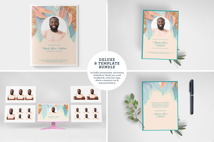 Vibrant Leaf Deluxe 8-Piece Funeral Template Bundle | Large 8-Page Program, Slideshow, Death Announcement, Invitation, Bookmark Welcome Sign, Share-a-Memory Set, Thank You Card