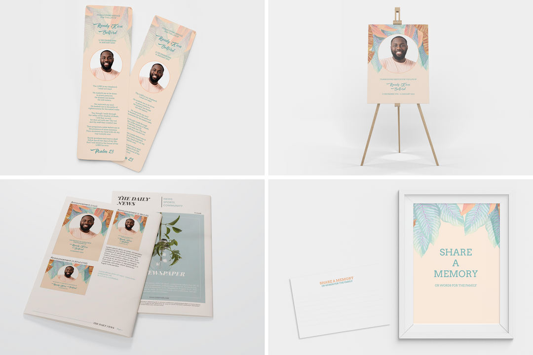 Cree un tributo funerario personalizado con nuestro paquete de plantillas digitales: programa pequeño de 4 páginas, presentación de diapositivas, tarjetas, anuncios y juego de recuerdos 1012
