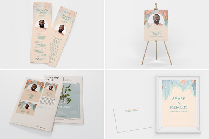 Vibrant Leaf Deluxe 8-Piece Funeral Template Bundle | Large 4-Page Program, Slideshow, Death Announcement, Invitation, Bookmark Welcome Sign, Share-a-Memory Set, Thank You Card